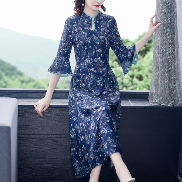 Plus Size Blue Floral Midi Cheongsam Dress