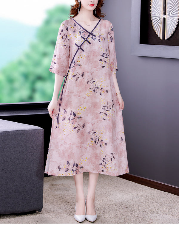 Plus Size Pink Floral Purple Trim Midi Cheongsam Dress