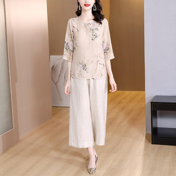 Plus Size Beige Oriental Cheongsam Blouse and Wide Leg Pants Set