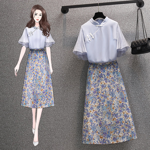 Plus size blue cheongsam top / floral midi skirt / set