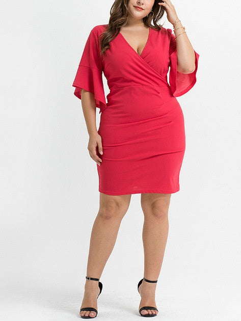 Tamasin Plus Size Red Bodycon Kimono Bell Wide Sleeves V Neck Wrap Neckline Short Sleeve Dress (EXTRA BIG SIZE)