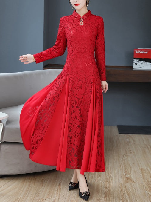 Tresa Plus Size Cheongsam Qipao Red Lace Brooch Long Sleeve Maxi Dress Gown (Suitable For Weddings, Chinese New Year, Red Carpet Events, Mother Of The Bride And Occasion Wear)