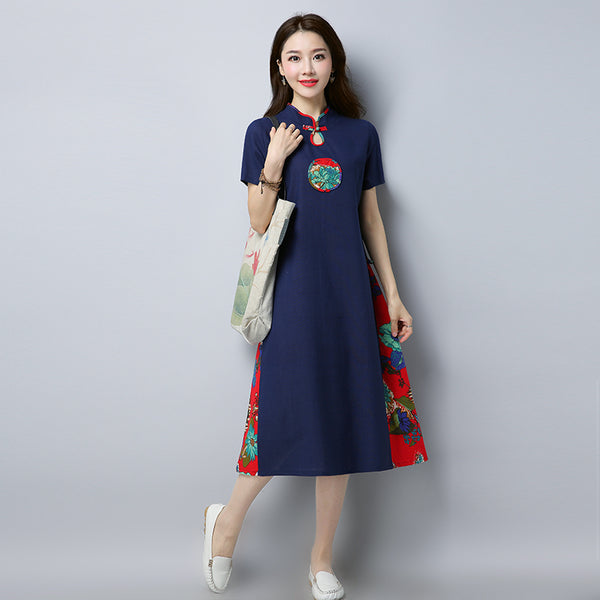 Plus size cotton linen oriental cheongsam midi dress