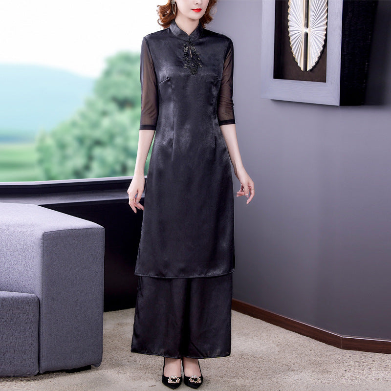 Plus Size Cheongsam Blouse and Pants Set