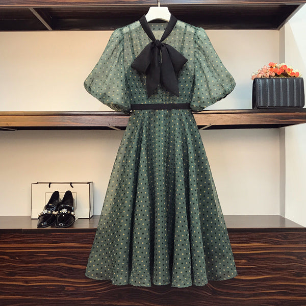 Plus Size Green Polka Dots Pussybow Dress