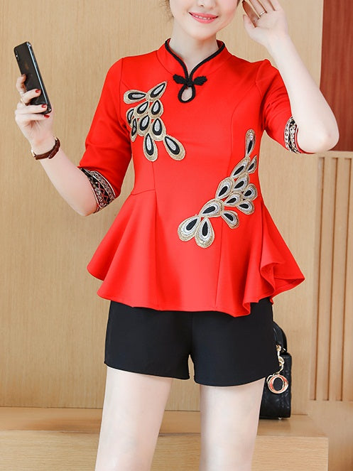 Tigerlily Plus Size Cheongsam Qipao Blouse - Gold And Silver Peacock Feather Embroidery Peplum Short Sleeve Top (Red, Black)