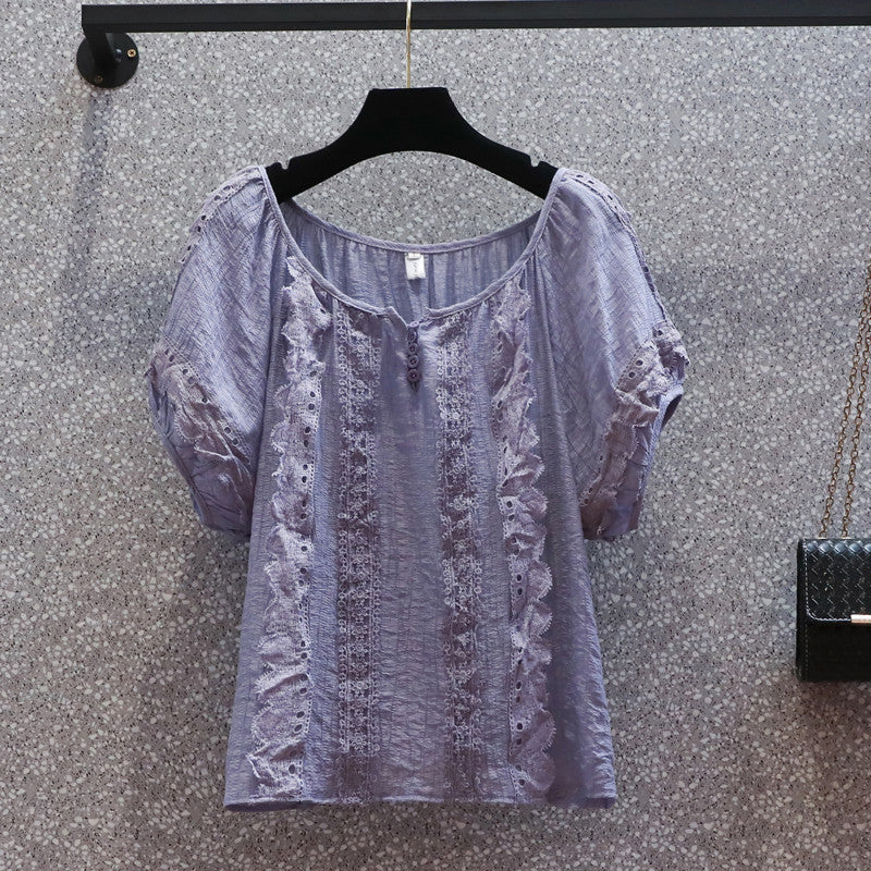 Plus Size Blue Lace Notch Neck Top
