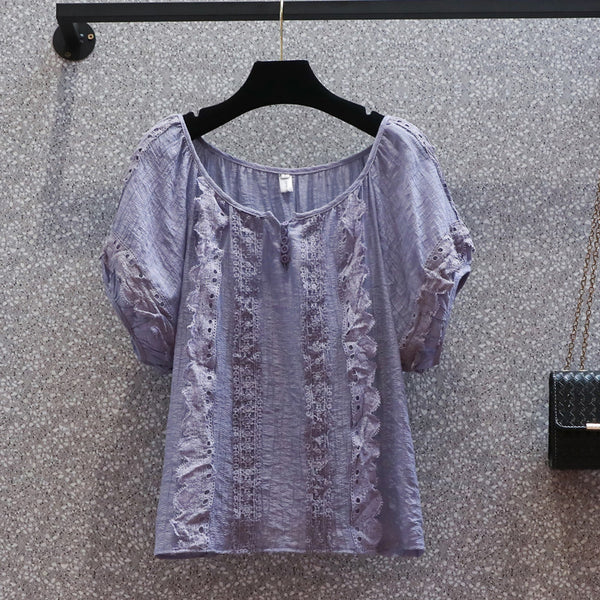 Plus Size Blue Lace Notch Neck Top