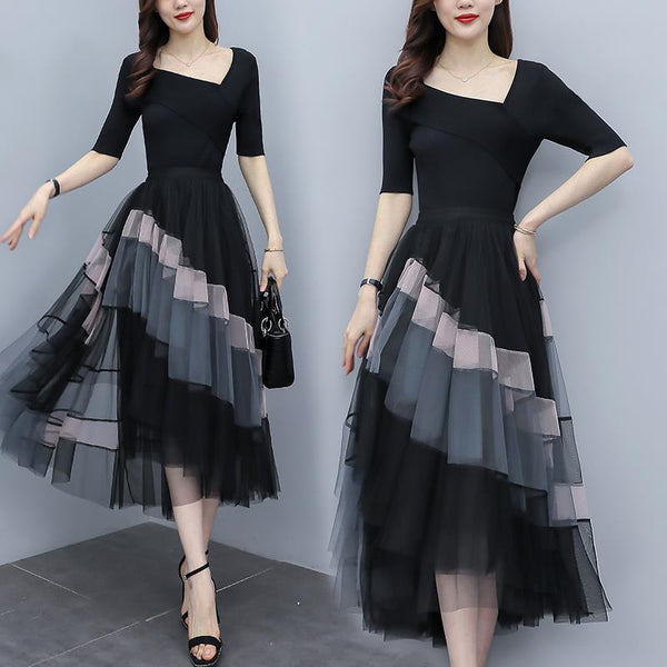 Plus Size Asymmetric Top and Colour Block Tulle Skirt Set