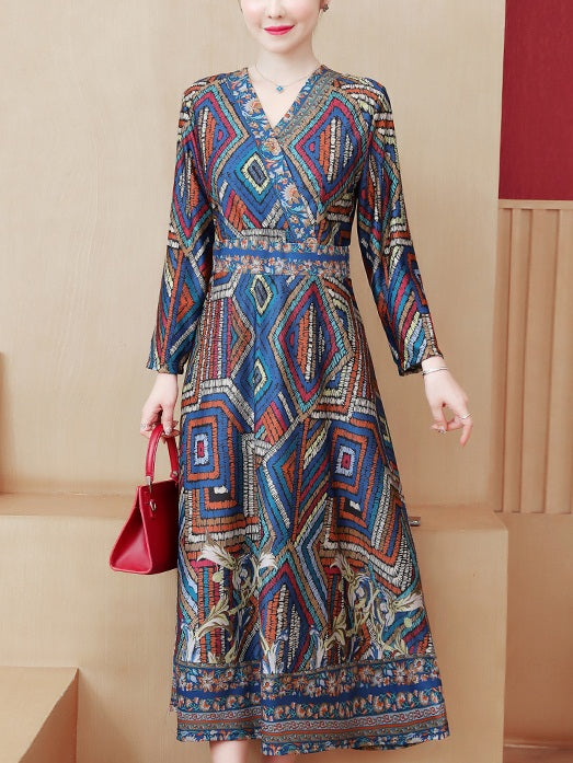 Xhanell Plus Size Bohemian Print Colourful Wrap Neckline Swing Long Sleeve Midi Dress