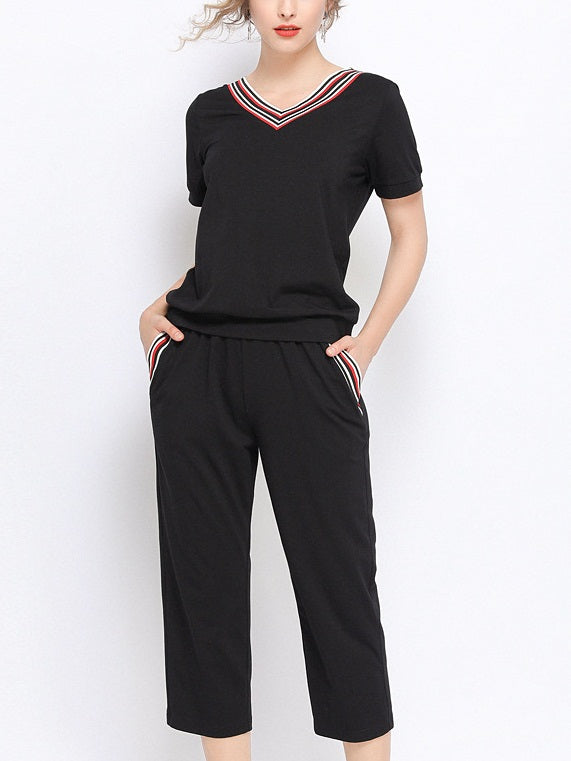 Paislee Stripe V Neck S/S Tee Shirt Top and Capri Pants Tracksuit Set