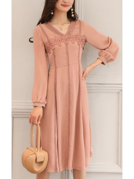 Thessaly Plus Size Pink Lace Pleat V Neck Long Sleeve Midi Dress