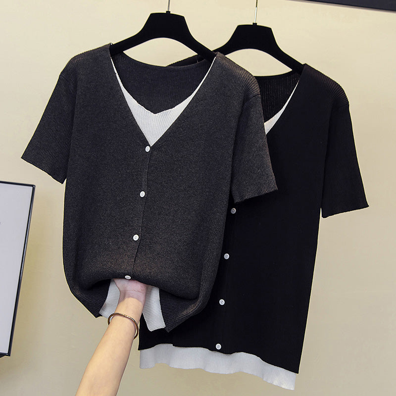 Plus Size Ribbed Knit Buttons V Neck Top
