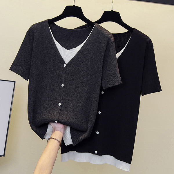 Plus Size Ribbed Knit Buttons V Neck Top