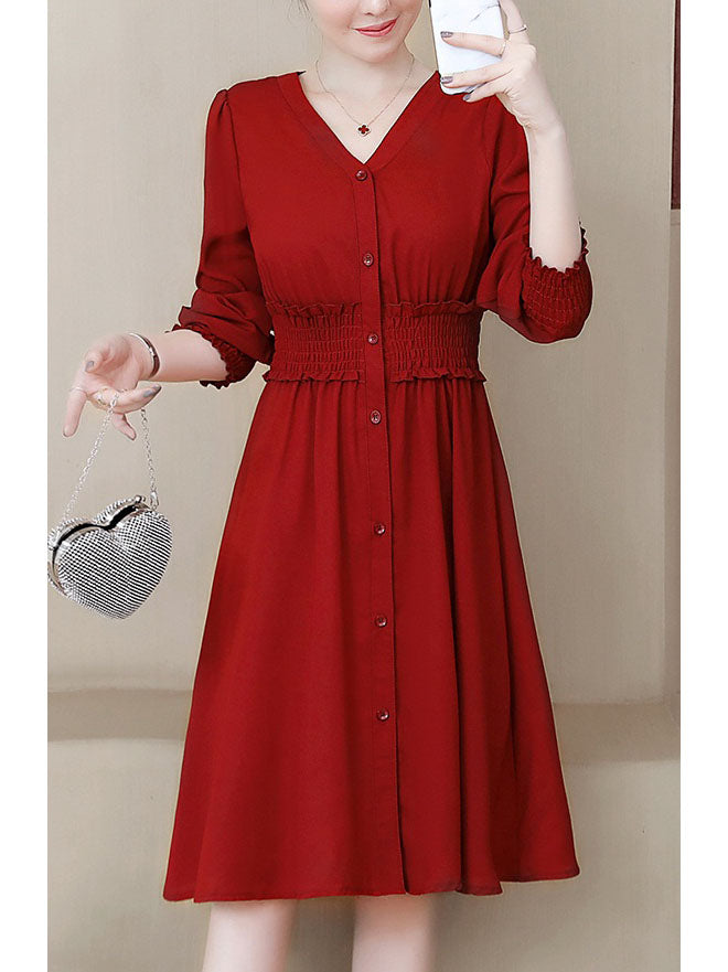 Toril Plus Size V Neck Button Down Scrunch Waist Swing Long Sleeve Dress (Red, Black) (Suitable For Chinese New Year)