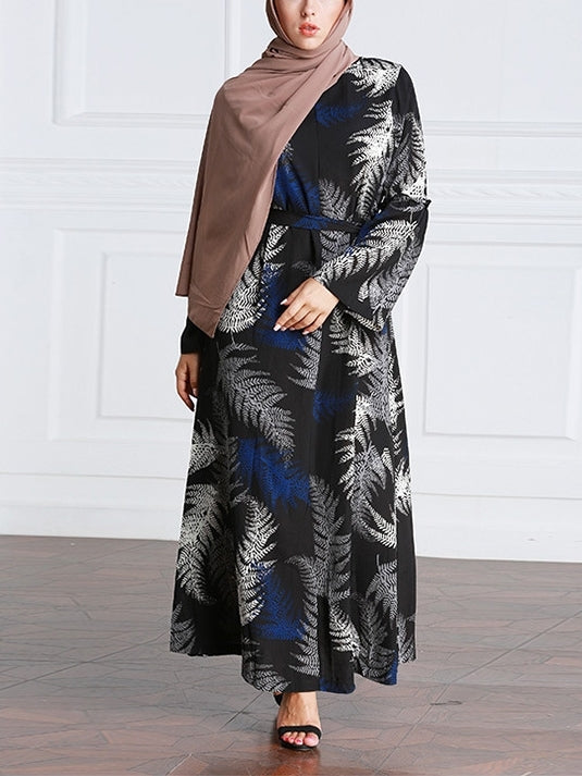 (M-7XL) Ginnette Fern Print Plus Size Abaya Hijab Muslim Long Sleeve Maxi Dress (EXTRA BIG SIZE)