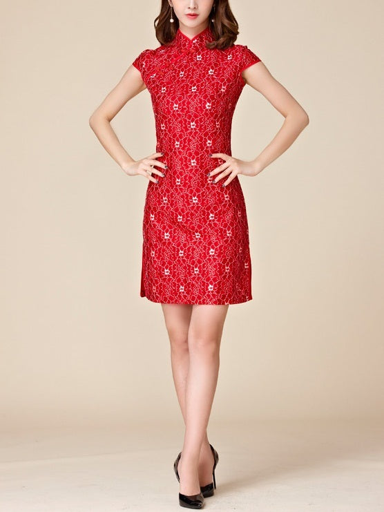 (M-3XL) Kallisto Red Lace Plus Size Cheongsam Qipao Dress