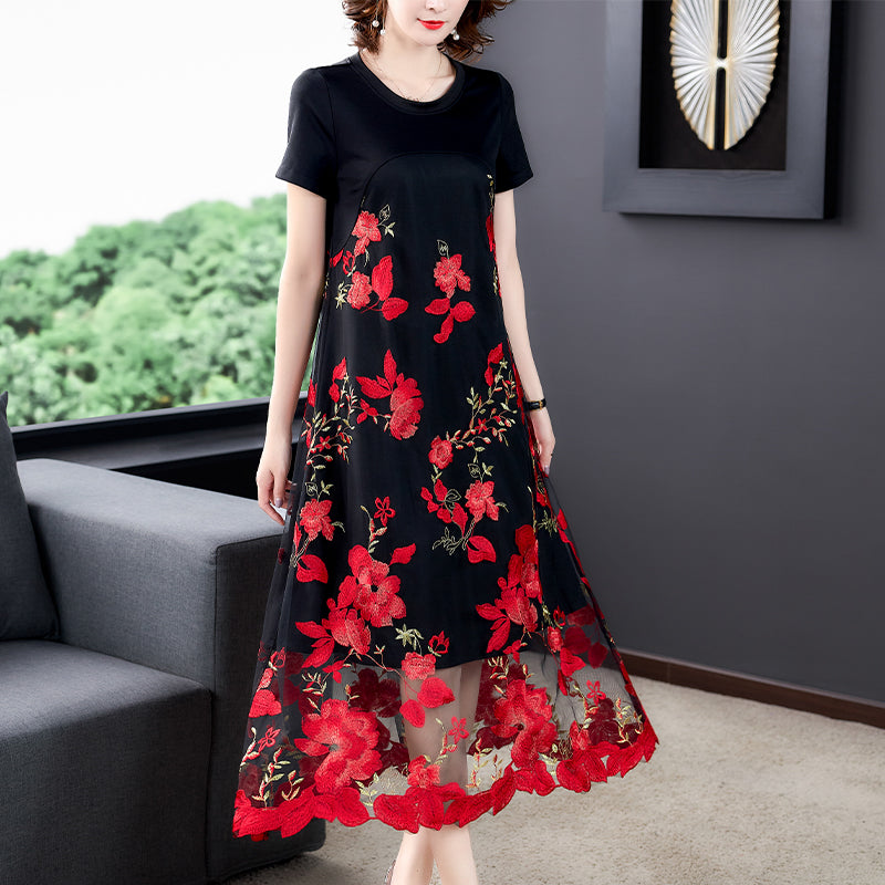 Plus Size Floral Embroidered Oriental Short Sleeve Midi Dress