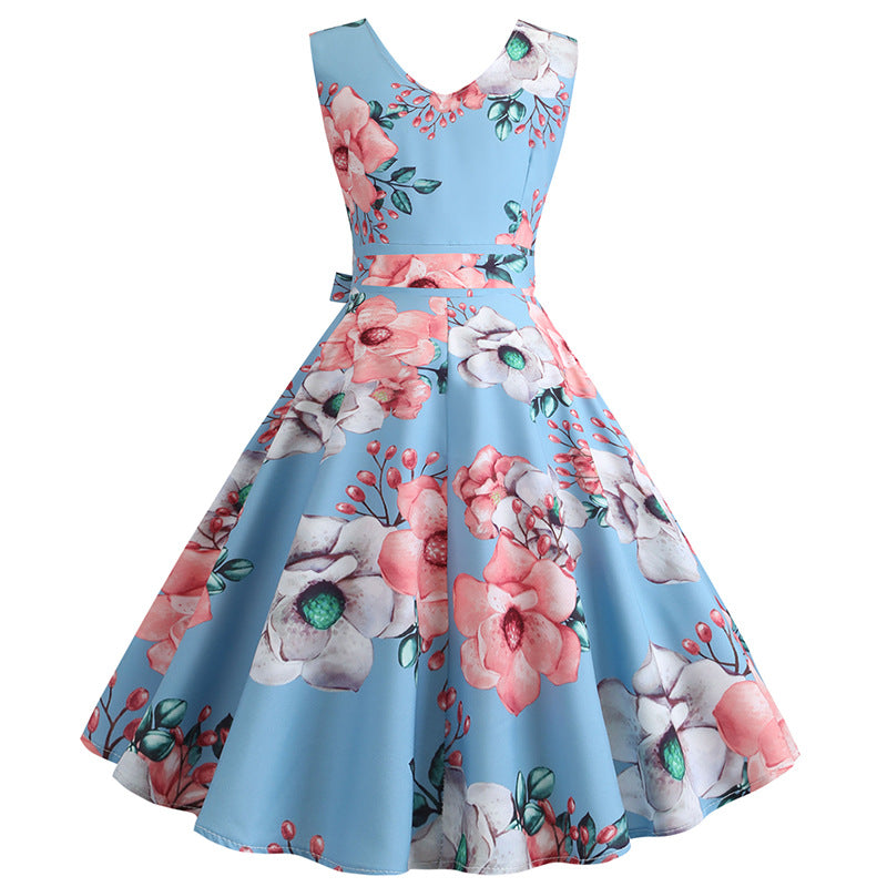 Plus Size Floral V Neck Vintage Sleeveless Dress