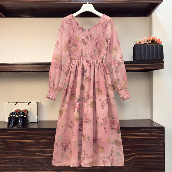 Plus Size Pink Floral Scrunch Bust Long Sleeve Midi Dress