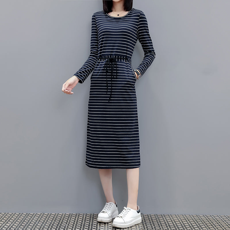Kylynn Plus Size Stripes Drawstring Long Sleeve Midi T Shirt Dress
