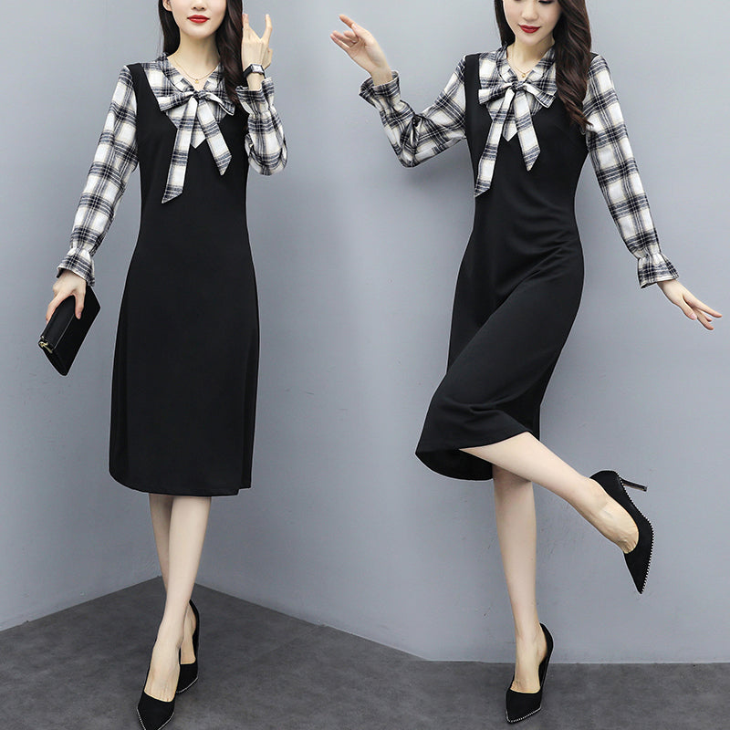Kellyn Plus Size Checked Ribbon Long Sleeve Dress