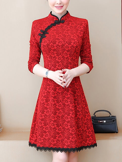 Zaaan Plus Size Red Lace Cheongsam Long Sleeve Dress