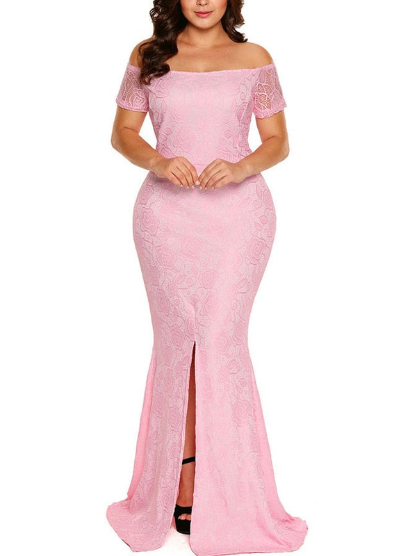 Sopheah Plus Size Dinner Prom Occasion Wedding Evening Evening Dress Gown Lace Off Shoulder Fishtail Mermaid With Sleeves Short Sleeve Maxi Dress (White, Pink) (EXTRA BIG SIZE)
