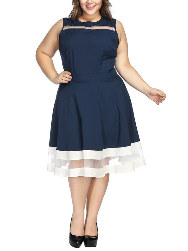 Westly Plus Size Blue And White Swing Mesh Sleeveless Dress (EXTRA BIG SIZE)