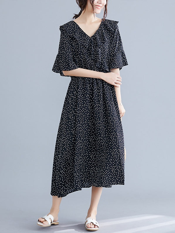 Rozi Triangle Print Frill S/S Midi Dress (EXTRA BIG SIZE) (Black, White)