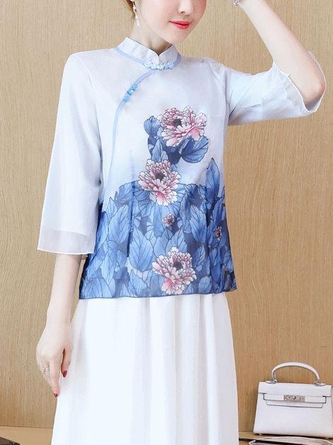 Tiana Plus Size Cheongsam Top Blue Oriental Floral Print Qipao Mid Sleeve Top