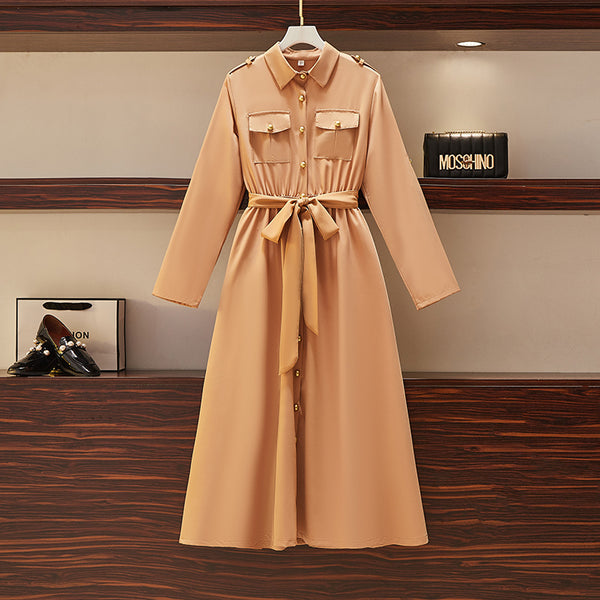 LeeLou Plus Size Militarette Long Sleeve Midi Shirt Dress