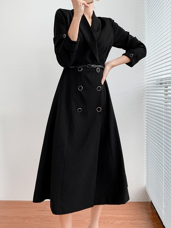 Kayla Plus Size Double Breast Buttons Work Office Formal Long Sleeve Midi Dress