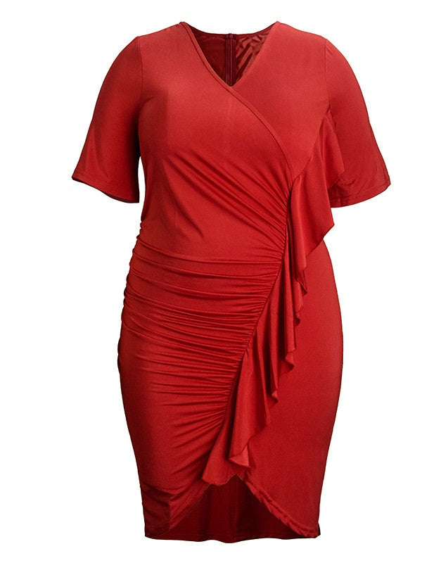 Tammis Plus Size V Neck Frill Side Short Sleeve Dress (Suitable For Chinese New Year, Party, Office And Weekends) (EXTRA BIG SIZE) (Red)