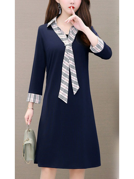 Summer Plus Size Work Dress Checks Collar Long Sleeve Shirt Dress (Black, Blue) Made of Polyester