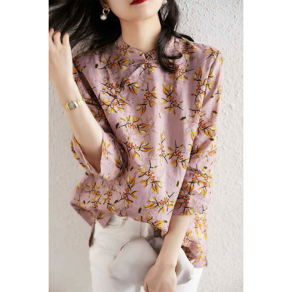 Plus Size Pink Floral Cheongsam 3/4 Sleeve Blouse