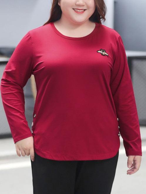 Sina Bee Red Button Side Curve Knit L/S Top (EXTRA BIG SIZE)