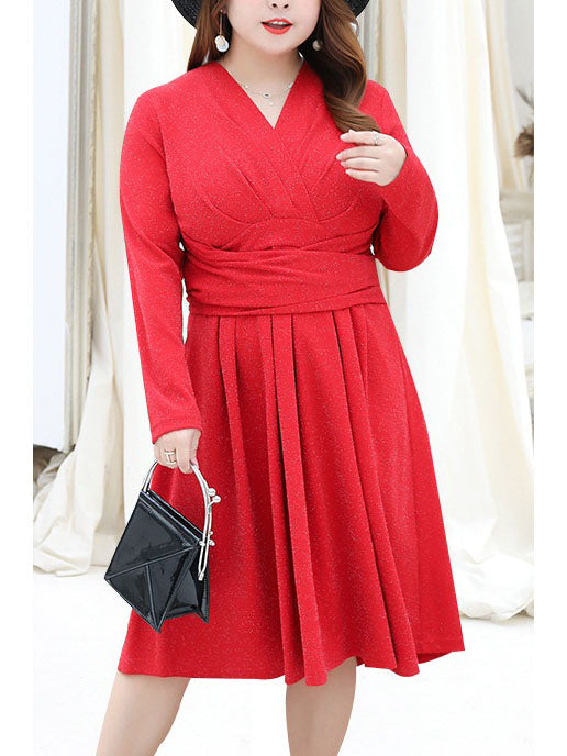 Tashina Plus Size Pleat V Neck Shimmer Long Sleeve Midi Dress (Suitable For Chinese New Year) (EXTRA BIG SIZE) (Red, Black)