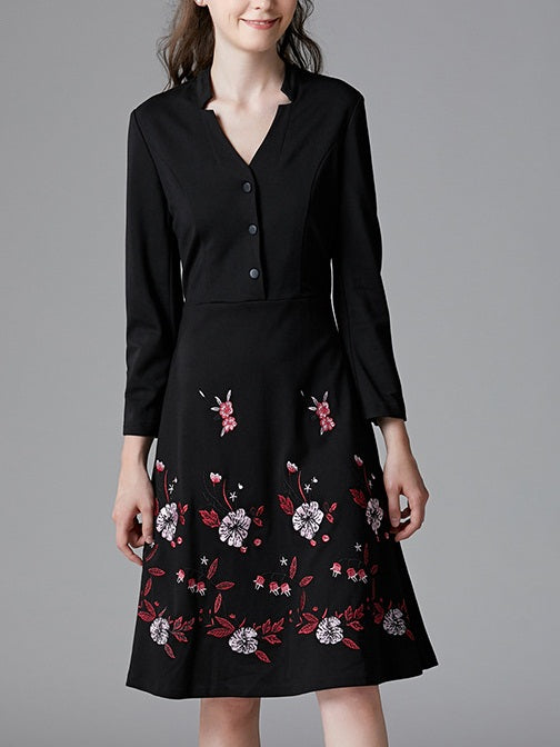 Sholeh V Neck Buttons Floral Embroidery L/S Dress