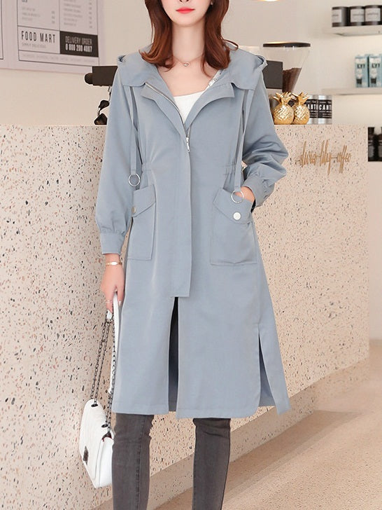 Sushila Plus Size Autumn Zipper Hoody Trench Coat Jacket(Blue, Cream)