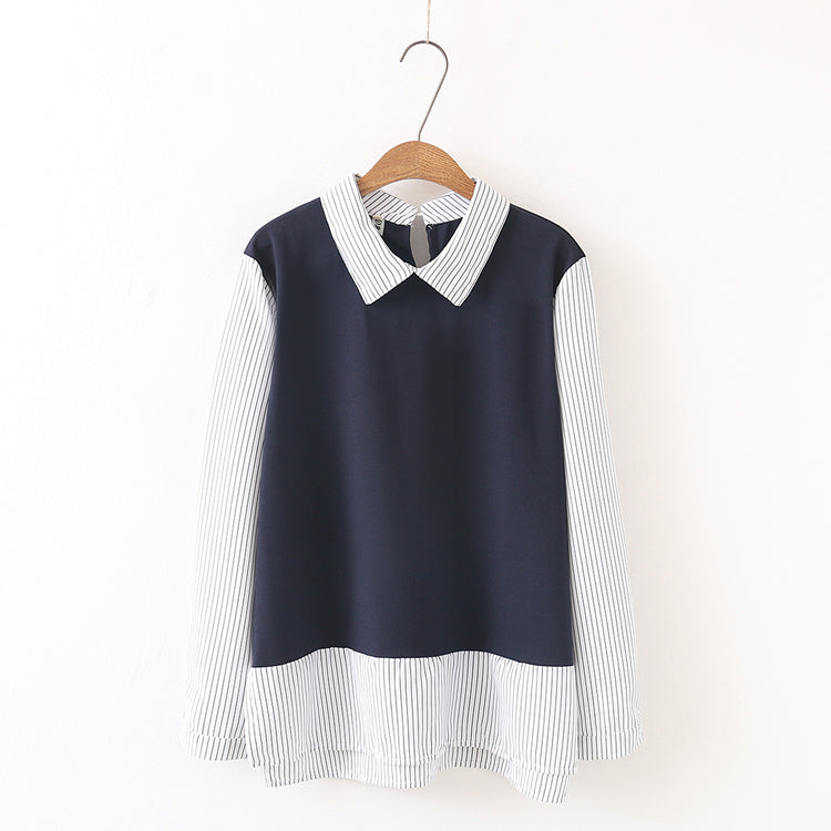 Valorie Plus Size Stripes Mock 2 Piece Long Sleeve Shirt Blouse (Suitable For Work) (White, Blue)