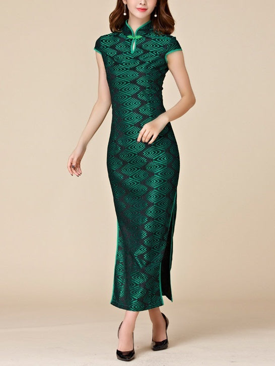 (M-3XL) Kally Green Lace Plus Size Cheongsam Qipao Maxi Dress