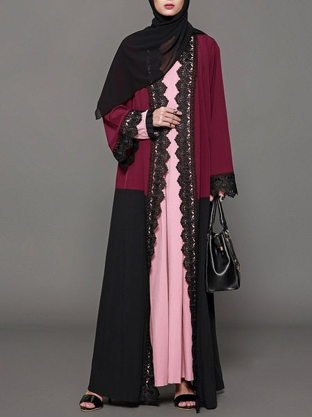 Morgayne Red and Black Colourblock Lace Trim Maxi Jacket