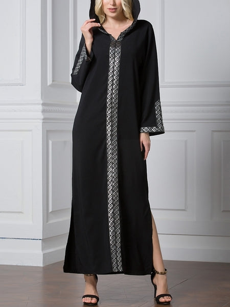 Ghadiya Black Jubah Abaya Plus Size Hijab Muslim Embroidered with Hoody Long Sleeve Maxi Dress