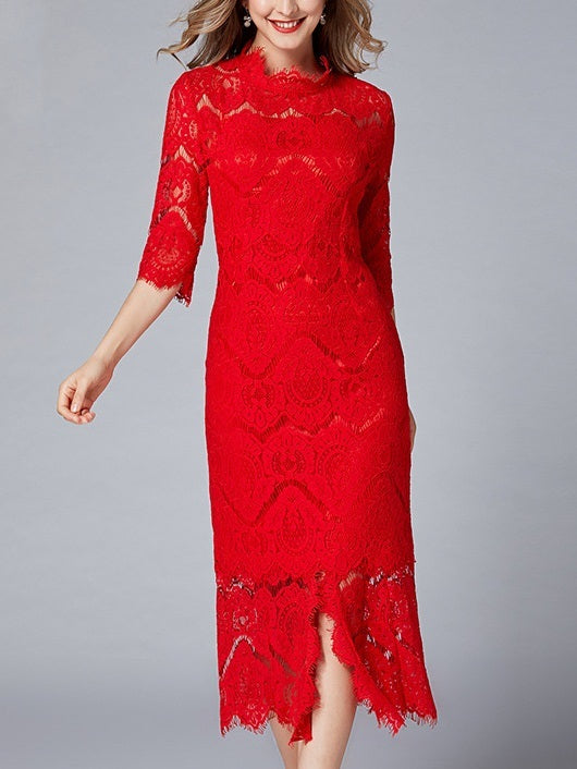 Michal Red Lace Slit Plus Size Formal Wedding Occasion Mid Sleeve Midi Dress
