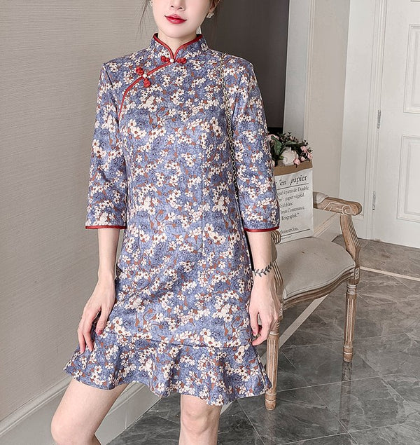 Plus Size Floral Mermaid Mid Sleeve Dress Cheongsam