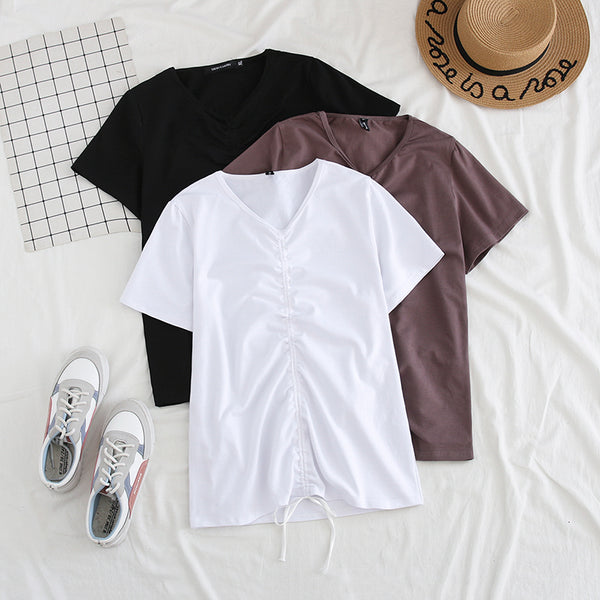 Plus Size Gathered V Neck Short Sleeve T Shirt Top