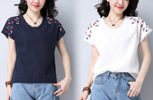 Plus Size Chinese Embroidery Short Sleeve Blouse