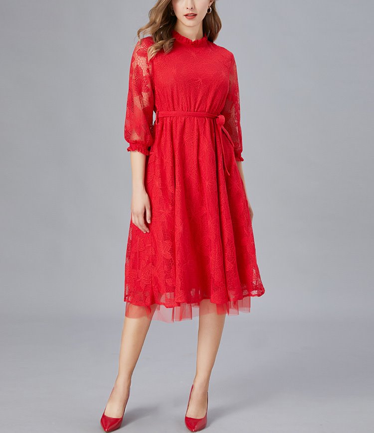 Plus Size Formal Lace Tulle Red Mid Sleeve Dress