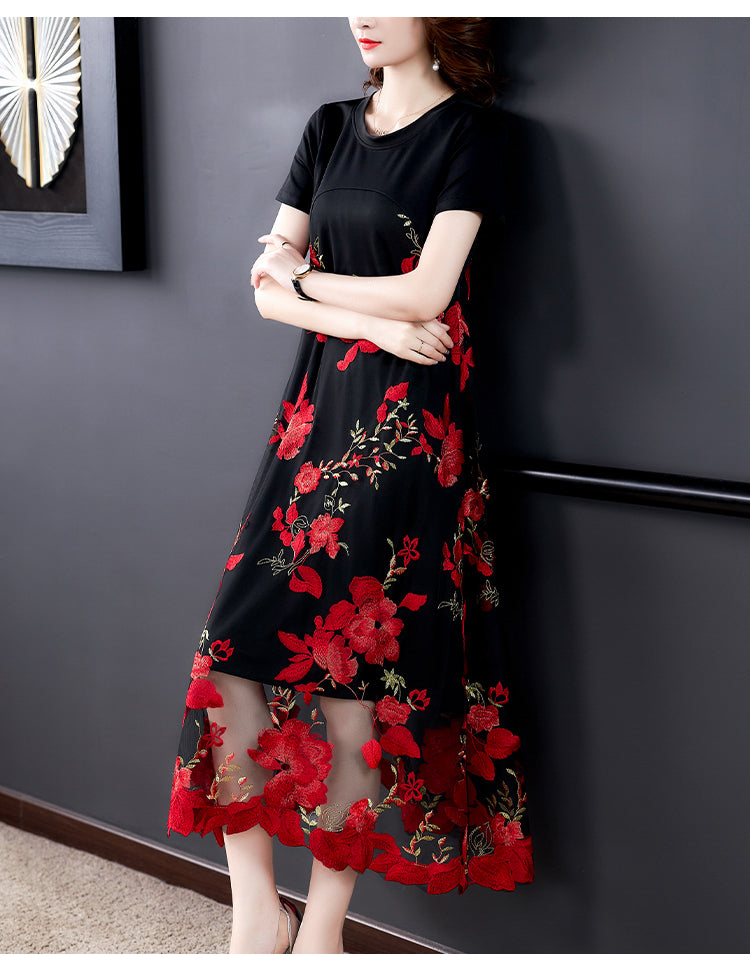 Plus Size Floral Embroidered Oriental Short Sleeve Midi Dress